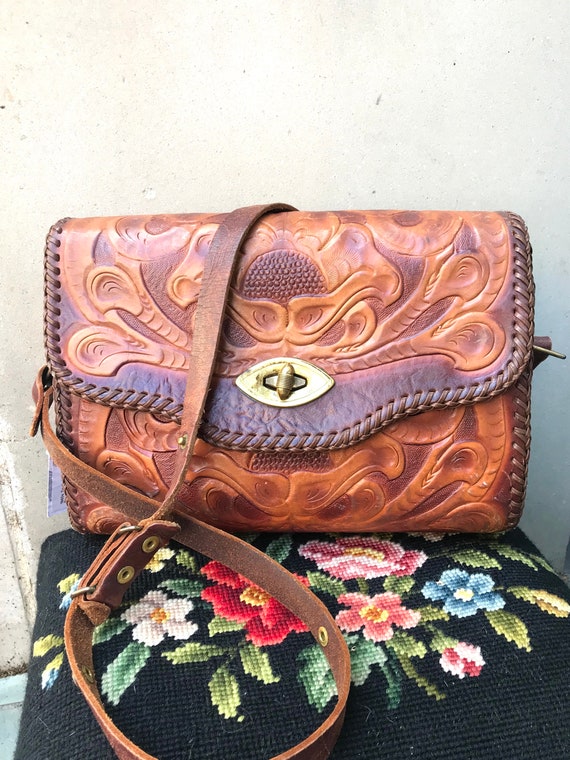 1970s Tooled Leather Purse | 70s Leather Handbag |