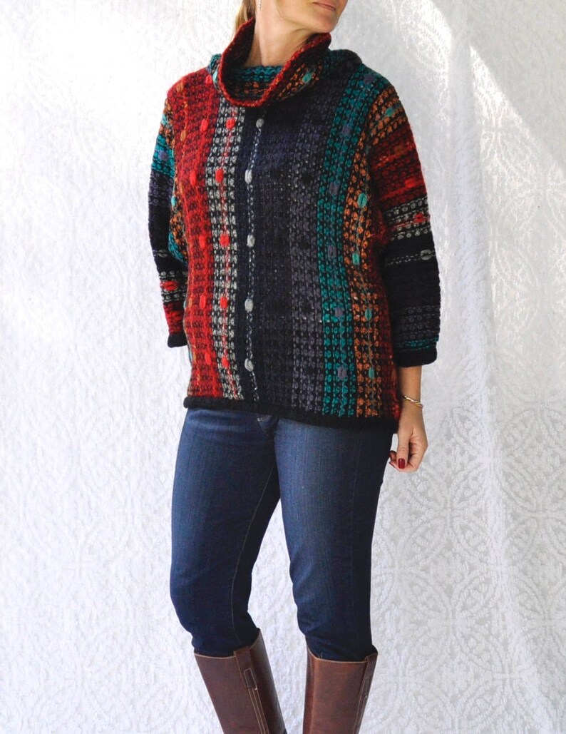 80s Mock Neck Sweater Crop Sleeve Sweater 1980s Sweater with Cowl Neck || Colorful Knit Sweater Retro 80s Jumper Boho Cowl Neck Sweater