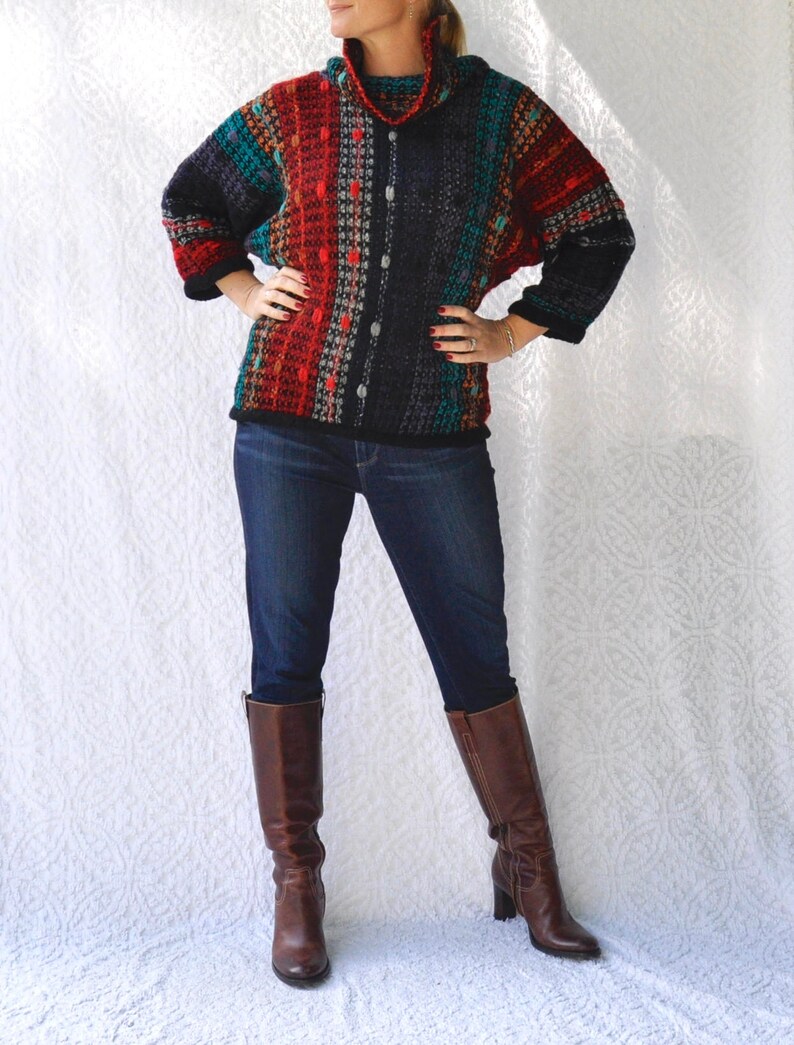 80s Mock Neck Sweater Crop Sleeve Sweater 1980s Sweater with Cowl Neck || Colorful Knit Sweater Retro 80s Jumper Boho Cowl Neck Sweater