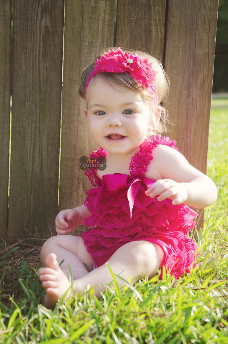 Boutique Style HOT PINK HEADBAND Romper Set birthday headband photo prop Lace Headband Shabby Chic Baby Girl Headband baby romper