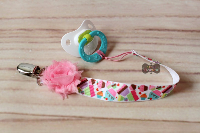 Boutique Style-Pacifier Clip-Baby Girl Pacifier Clip-Universal Pacifier Clip-Paci Clip-Chic-Cupcake-Birthday Paci Clip-Binky Holder