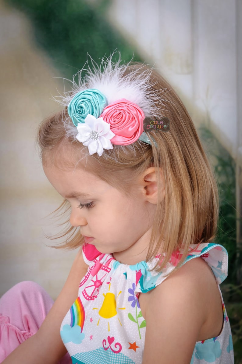 MORE COLORS-BOUTIQUE Style-Shabby Chic-Aqua-Pink-Baby Girl-Elastic Headbands-Infant Headband Sets-Baby Bands-Glitter-Feather Headbands