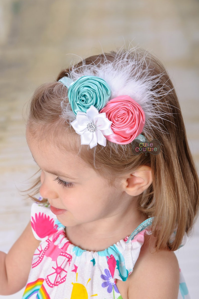 MORE COLORS-BOUTIQUE Style-Shabby Chic-Aqua-Pink-Baby Girl-Elastic Headbands-Infant Headband Sets-Baby Bands-Glitter-Feather Headbands