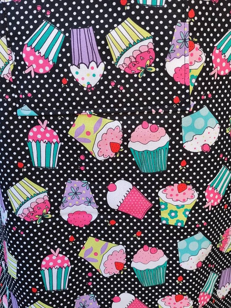 Apron, full length, Amy Lynn Aprons, bib style, black with whimsical cupcake pattern, adult size image 2