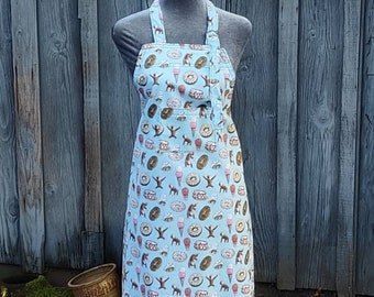 Apron, full length bib style apron, Amy Lynn Aprons, Curious George print, colorful, whimsy , fun cotton apron