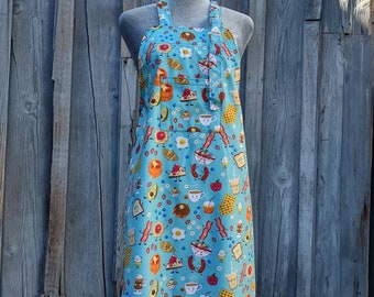 Apron, full length, Kitschy kitchen wear, bib style apron, blue cotton apron, Amy Lynn Aprons