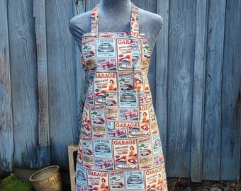 Long, Amy Lynn Apron, bib style, adult apron in car collector/vintage car advertisement pattern