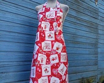 Choose love apron, full length cotton apron, bib style, gnomes, love, adult size