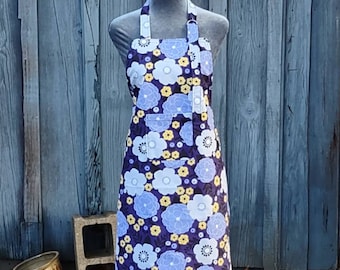 Apron, long, full length, bib style, purple, lavender, yellow and white, floral apron, adult size