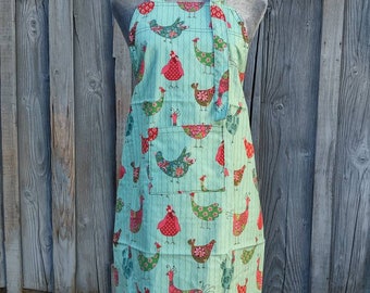 Apron, kitschy kitchen apron, stylized chicken on teal, double layered apron, Amy Lynn Aprons
