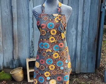 Apron, full length, bib style, Amy Lynn Aprons, Brown, teal, mustard yellow , abstract design, apron with pocket