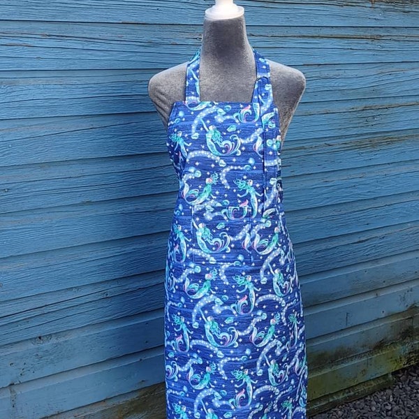 Mermaid canning apron, blue with mermaid print, handmade