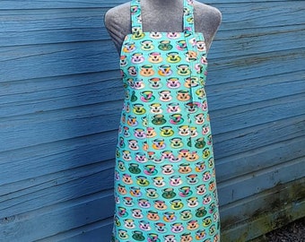 Bib style apron, full length, Amy Lynn Aprons, retro tea cups in teal tones, adult size