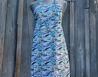 Apron, full length, bib style, Sea life print in tones of blue