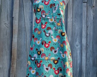 Apron, Teal with roosters, full length, bib style, pocketed apron, Amy Lynn Aprons