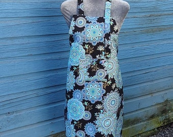 Amy Lynn Aprons, full length, bib style with pocket, black, blues, white, green and gold highlights, adult size apron