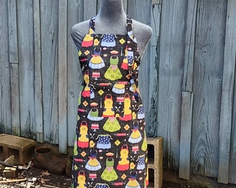 Apron, full length bib style, Black aprons with retro printed apron pattern in multi colors, Amy Lynn Aprons