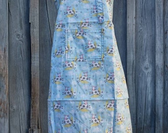 Apron, full length, bib style apron, light blue, cows Amy Lynn Aprons