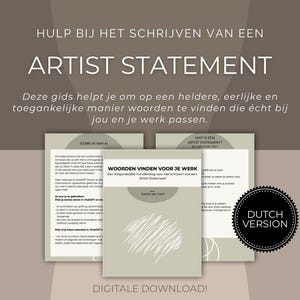 Può includere: Una guida digitale intitolata "Artist Statement" in una combinazione di colori neutri. La guida include testo in olandese, con le parole "Artist Statement" ben visibili. È visibile un sigillo "Dutch Version".