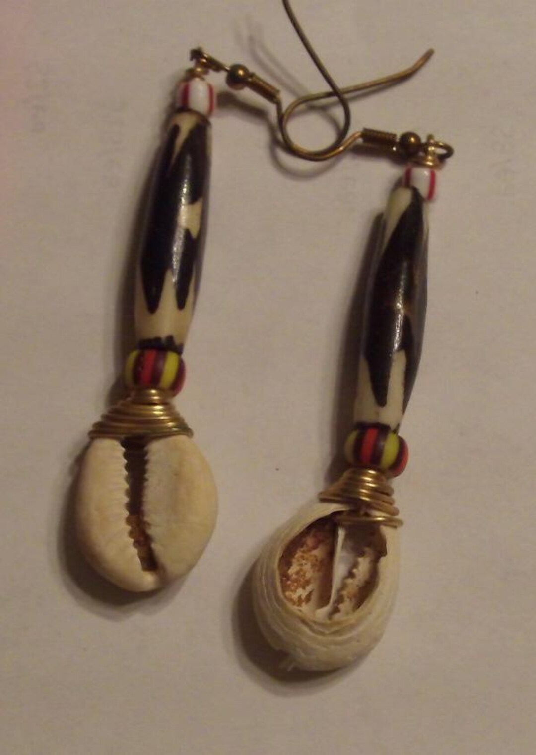 Hand Made Ethnic Tribal African Shell and Bead Dangle Earrings Wired ...