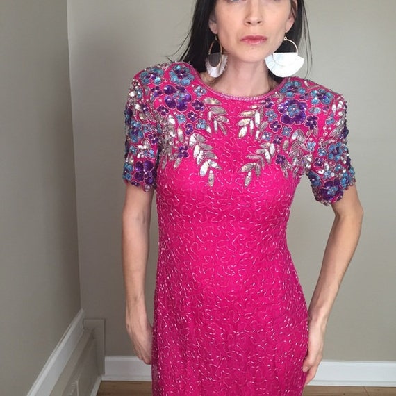 Vintage 80’s Pink Sequins Beaded Sheath Dress
