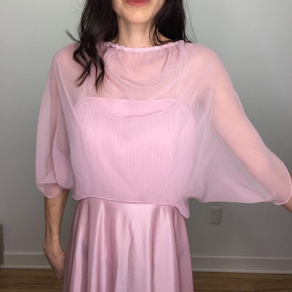 Vintage 70's Pink Sheer Capelet Maxi Dress