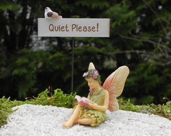 Fairy Garden Miniatures Book Reading Fairy, mini sign, Quiet Please! fairy garden accessories
