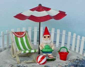 Miniature Garden Gnome, frog float, watermelon chair, bucket, ball, fairy garden accessories, mini