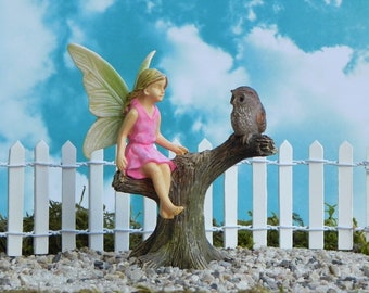 Fairy Garden Owl Tree Stump with Fairy, miniature accessory for fairy garden, woodland minis
