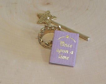 Fairy Tale Garden miniatures, miniature book crown wand, mini fairy garden accessories, mini princess gold crown, fantasy garden minis