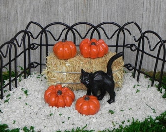 Miniature Black Cat Halloween miniature hay bale, Spooky Black Cat, Miniature Black Fence, Miniature Pumpkins, Halloween Miniatures