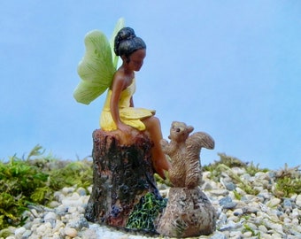 Fairy African American, Making Friends Fairy, miniature squirrel, fairy garden accessories, fairy garden miniatures, fairy garden miniature