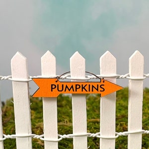 Miniature Halloween Fall Sign, Pumpkins Sign, Arrow Sign, Fairy Garden Accessories, Miniature White Picket Fence, Dollhouse miniatures
