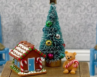 Miniature Gingerbread House, Tiny Christmas Tree Bear Candy Cane, Fairy Garden accessories, Table Top Christmas Tree for Dollhouse