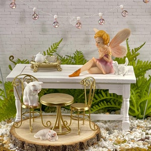 Fairy Garden Miniatures Bistro Table Chairs Set Cat Tea Set Garland Kitties Kitten DIY diorama shadowbox Display Decor Figurines Accessories
