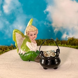 Miniature Boy Fairy, Elf Pixie, St. Patrick's Day Minis, Pot of Gold, Fairy Garden Accessories, Miniature Cauldron, Dollhouse 1:12 Scale,