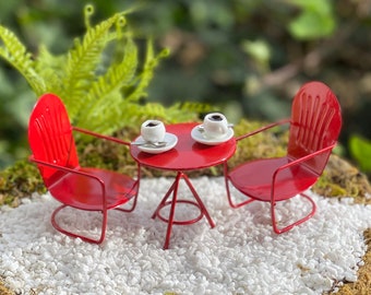 Miniature Table Chairs Set, miniature bistro set, Miniature  tea cups, miniature coffee cup, Christmas Miniatures, Tiered Display decor