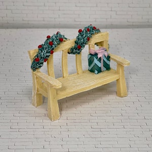 Miniature Christmas Accessories, Miniature Bench with package and garland, Christmas tiered tray, Christmas Bench Miniature, Fairy garden