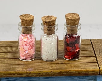 ONE Valentine's Miniatures, tiny hearts in glass bottle, fairy garden miniatures, dollhouse miniatures, miniature hearts
