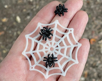 May include: A white plastic spiderweb with three black spiders on it. The spiderweb is being held in a person's hand.
