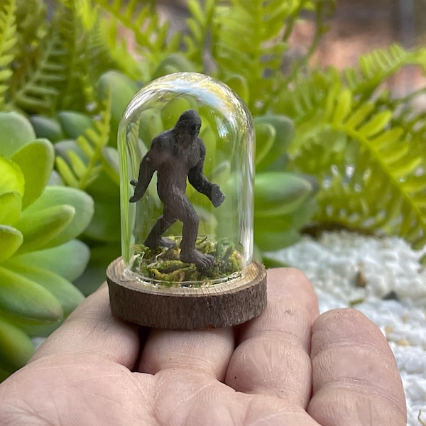 Micro Miniature Bigfoot under Glass Dome Cloche, Bigfoot under glass, real wood slice and preserved moss, mini bigfoot