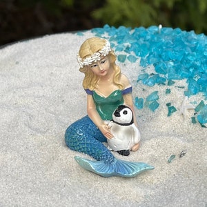 Fairy Garden Mermaid with Baby Penguin, Miniatures for Beach Garden, mermaid figurine, coastal mini garden, zen beach garden