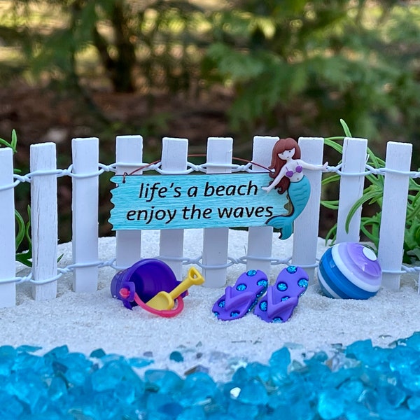 Fairy Garden Beach Miniatures, miniature beach sign, miniature flip flops, miniature beach ball, miniature mermaid beach wedding cake topper