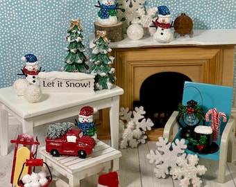Miniature Christmas Dollhouse Decorations, Snowmen Minis, Tree Snowflake Candy Canes Santa Hat Sign Snowballs Lantern Truck Bucket Sled
