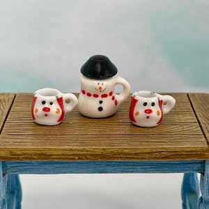 3 Piece Set 1:12 Miniature Teapot 2 Snowman Mugs Ceramic, dollhouse miniatures, fairy garden accessories, Christmas Miniatures, X-mas Minis