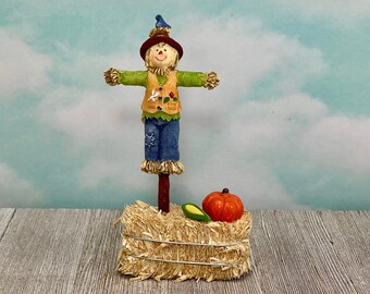 Miniature Scarecrow on Hay Bale, Fall Tiered Tray accessory, Fall Decor, Fairy Garden Miniature Pumpkin, Miniature Corn, Autumn Miniatures