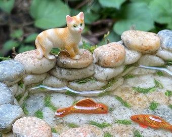 Fairy Garden Koi Pond miniature with artificial water, orange cat, fairy garden accessories miniature fish, mini garden supply