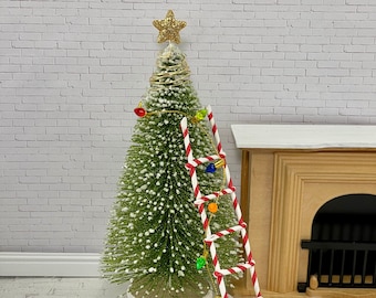 Miniature Christmas Tree with Glitter, Dollhouse Minis, Star Tree Topper, String Lights-non electric, Candy Cane Stripe Ladder, Tiered Tray