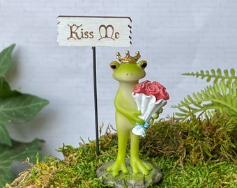 Miniature Frog Prince, Fairy Garden accessories, fairy garden miniatures, frog figurine, Kiss Me Sign, miniature sign, fairy garden sign