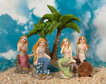 Miniature Mermaid fairy garden accessory, Miniature Palm Trees, mini coastal beach terrarium supply, micro mini mermaids, cup cake topper